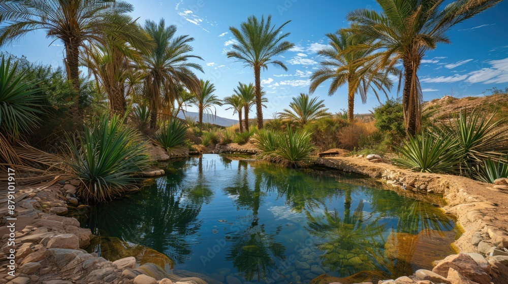 A tranquil oasis in a desert with palm trees and a small pool A tranquil oasis in a desert with palm trees and a small pool