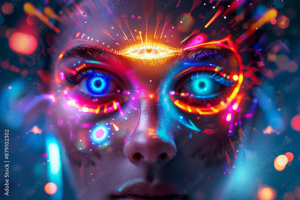 Surreal close-up digital artwork of a futuristic human face with glowing neon details and abstract light effects in a cyberpunk style.