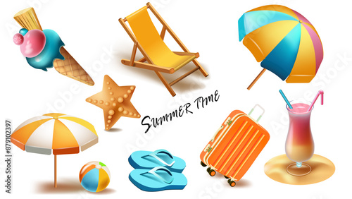 Set of cute cartoon icons for summer vacation. Sun lounger, cocktails, umbrellas, ice cream and other other stuff. Vector 3d illustration