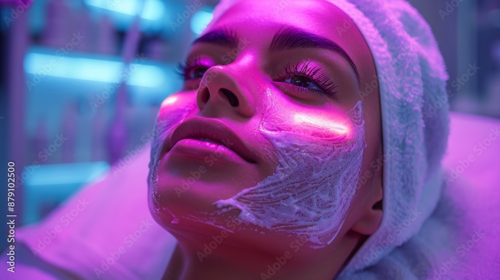 Close up of a woman receiving a red light facial treatment. Close up of a woman receiving a red light facial treatment.