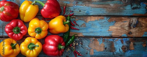 red and yellow peppers on wooden background photo