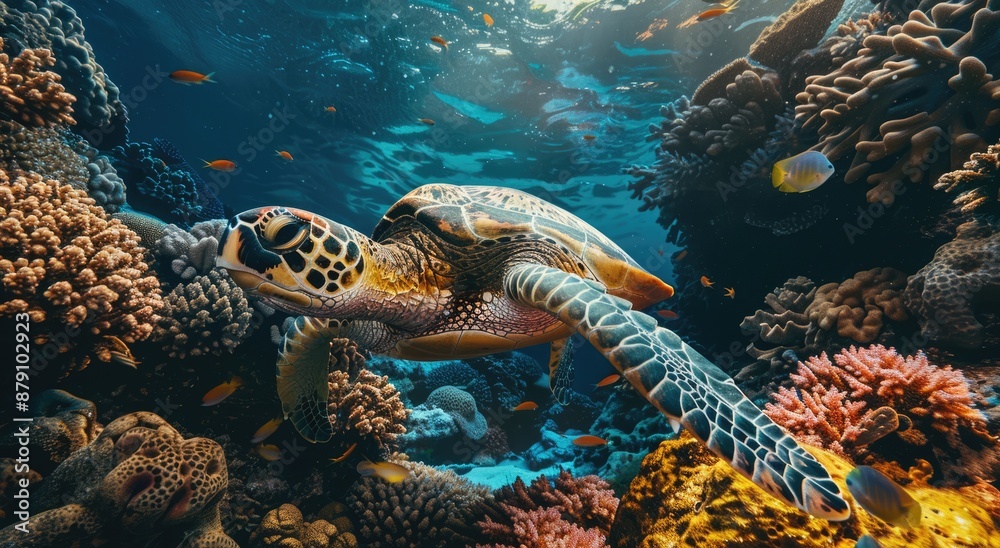 Fototapeta premium Sea Turtle Swimming Through Colorful Coral Reef