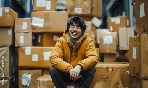 young Japanese man in amber jacket laughing heartily while sitting on boxes in warehouse filled with stacked cardboard packaging creating a bustling atmosphere of busy logistics activity
