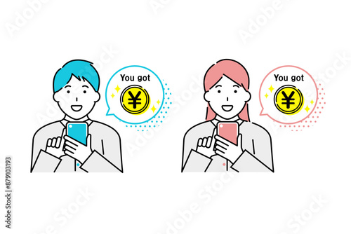 スマホでお金を稼ぐ男性と女性のイラスト