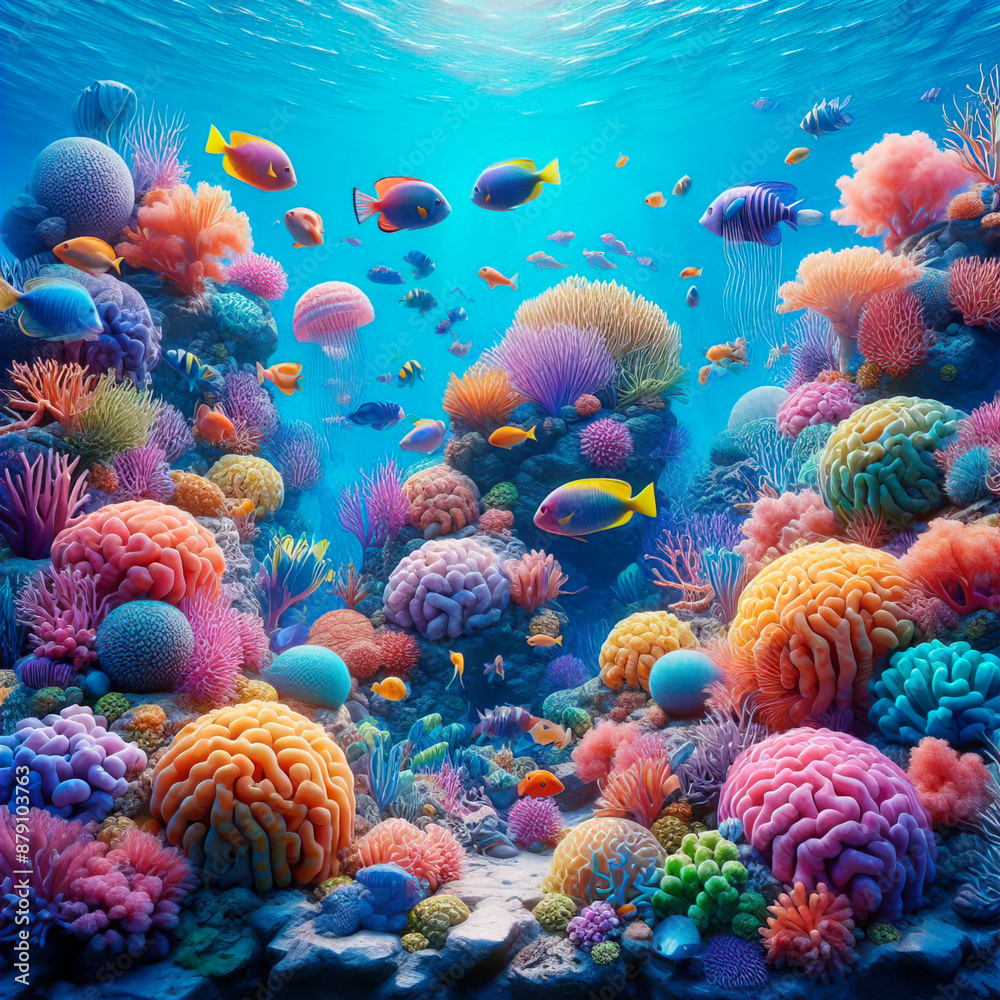 Obraz premium 3d wallpaper coral reef colorful tropical fish in aquatic aquarium