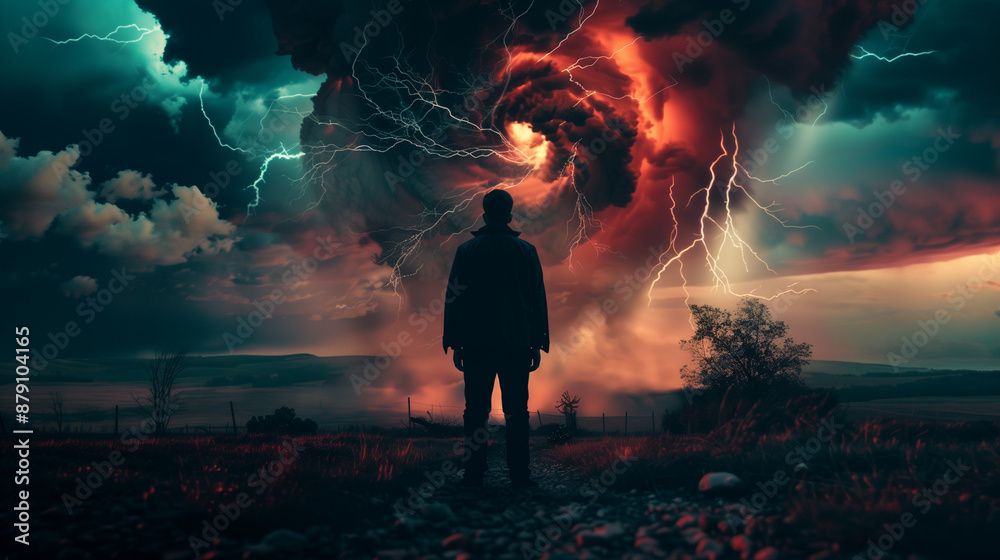 Man in front of a destructive, terrifying tornado with lightning flashing through it Man in front of a destructive, terrifying tornado with lightning flashing through it