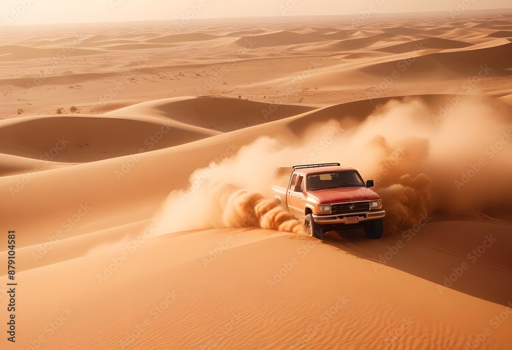 A red jeep drives through the desert sand A red jeep drives through the desert sand