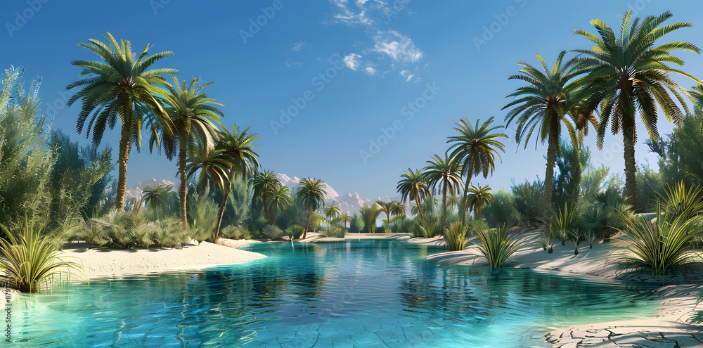 Vast sky above a tranquil desert oasis, a panoramic view Vast sky above a tranquil desert oasis, a panoramic view