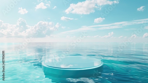 3d round glass podium in the middle of ocean for product presentation. © grigoryepremyan