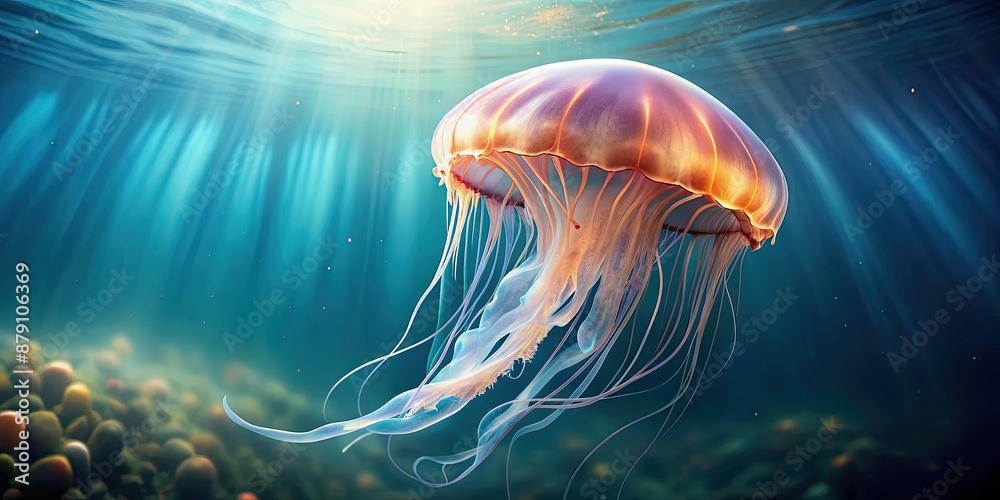 Obraz premium A mesmerizing jellyfish gracefully floating in the water, marine, underwater, ocean, sea creature, tentacles, translucent