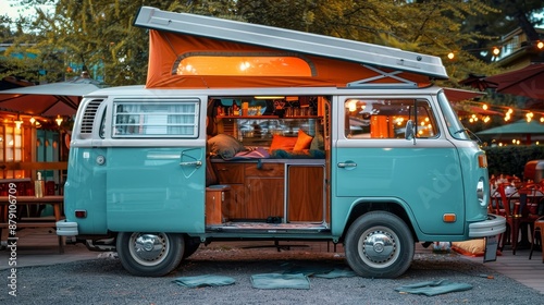 Vintage camper van parked in a retro diner parking lot  AI generated illustration