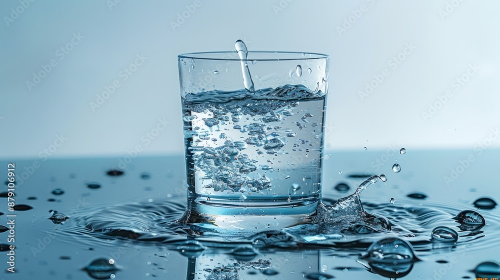 A close-up image of a glass of water with water droplets splashing around it on a blue surface. A close-up image of a glass of water with water droplets splashing around it on a blue surface.