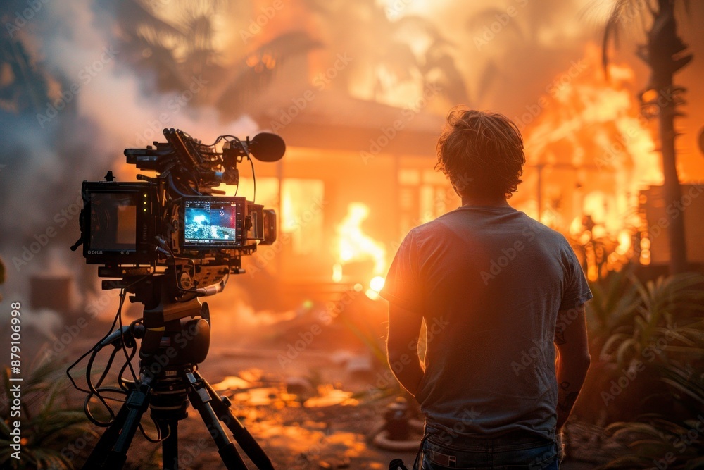 Fototapeta premium A cinematographer operates a camera on a tripod, capturing a scene outside a house bathed in atmospheric blue light and fog at dusk.