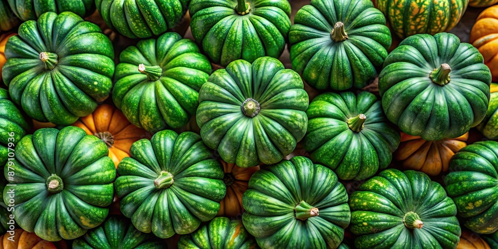 Close-up and top view of green pumpkins , green, pumpkins, vibrant, fresh, organic, vegetables, harvest, autumn, agriculture Close-up and top view of green pumpkins , green, pumpkins, vibrant, fresh, organic, vegetables, harvest, autumn, agriculture