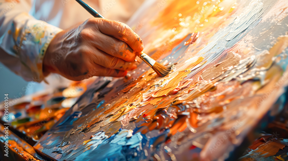 An artist's hand delicately paints vibrant strokes onto a canvas, creating a masterpiece in a sunlit studio An artist's hand delicately paints vibrant strokes onto a canvas, creating a masterpiece in a sunlit studio