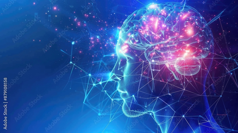 Obraz premium The image shows a brain with a glowing network of connections. The brain is surrounded by a dark blue background with a subtle gradient of light blue.