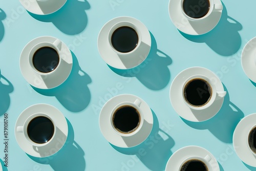 A pattern of white coffee cups and saucers arranged in an overhead view on blue background, each cup filled with black coffee. Minimalist style with clean lines and sharp focus on the cups. top down p