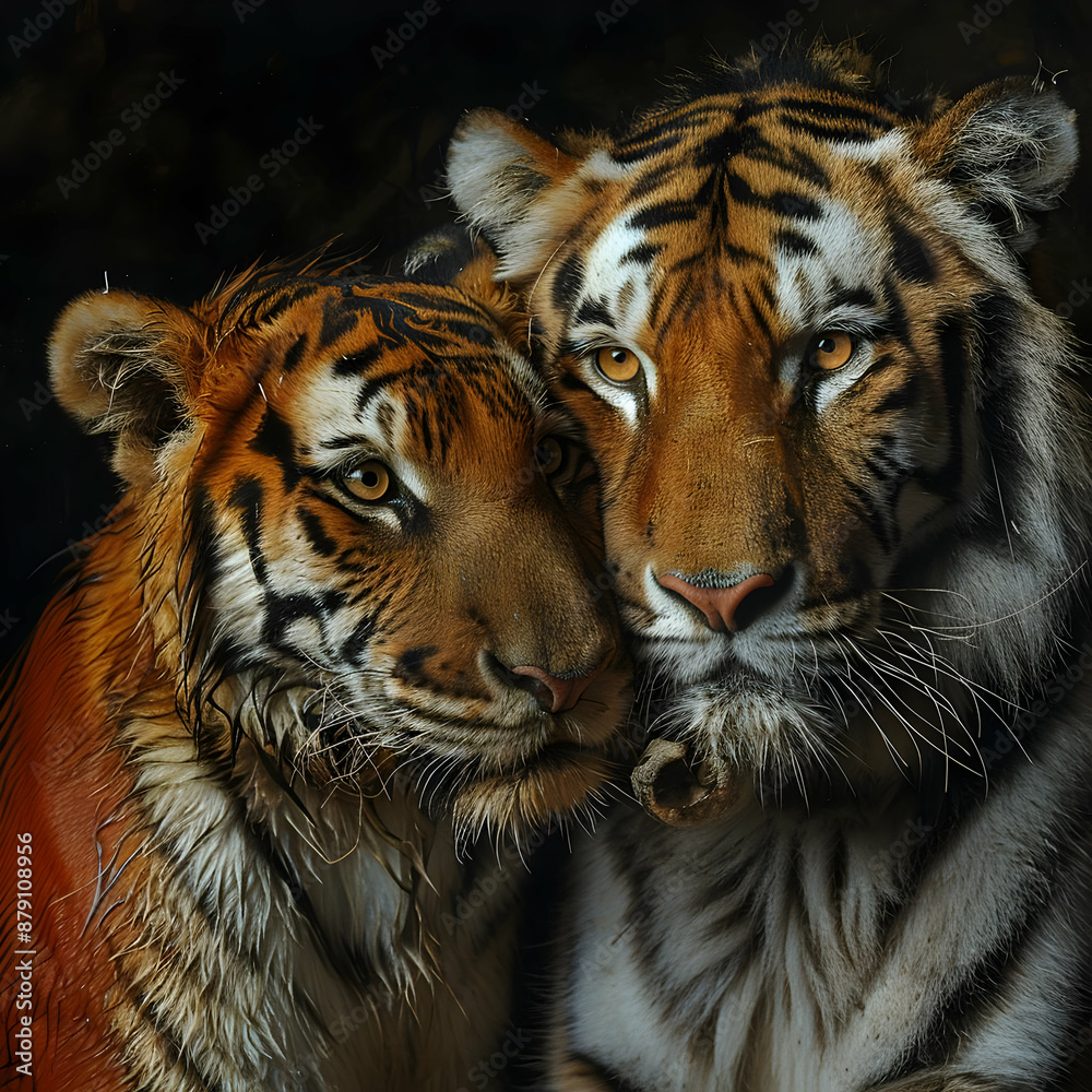 Fototapeta premium Close-Up Portrait of Two Tigers Cuddling, Realistic Image