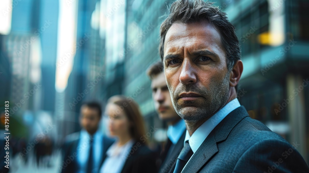 Leading with Determination: Serious Business Person Directing Team in Urban Business District, Modern Skyscrapers and Natural Daylight in Background Leading with Determination: Serious Business Person Directing Team in Urban Business District, Modern Skyscrapers and Natural Daylight in Background