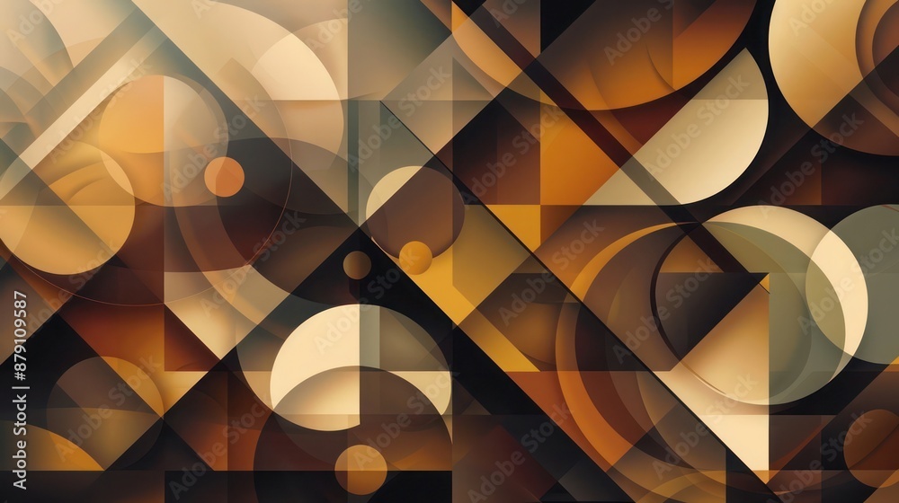 Obraz premium A peaceful abstract background featuring interwoven geometric patterns in gradient transitions, with shapes such as circles, triangles, and squares that shift from dark brown to caramel to beige.