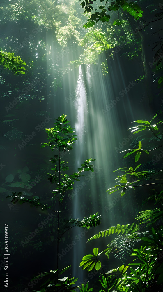 Tranquil scene of a waterfall nestled deep in a lush rainforest, radiating natural beauty Tranquil scene of a waterfall nestled deep in a lush rainforest, radiating natural beauty