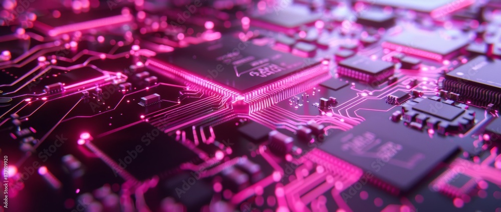 The illuminated microchip layer is bathed in pink light. Showcasing advanced technology and innovation in electronics manufacturing. The illuminated microchip layer is bathed in pink light. Showcasing advanced technology and innovation in electronics manufacturing.