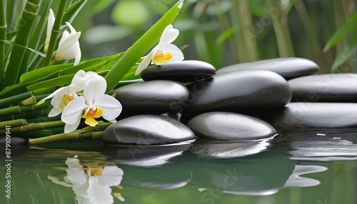 Spa stones, bamboo branches and flower in water 