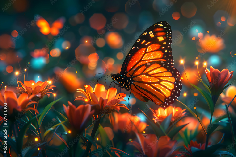 Glowing Butterfly on Flowers - 3D Illustration