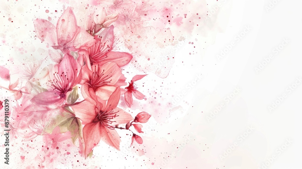 Beautiful pink flowers and watercolor art on white background with space for text Beautiful pink flowers and watercolor art on white background with space for text