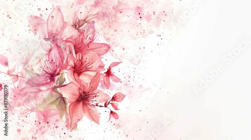 Beautiful pink flowers and watercolor art on white background with space for text