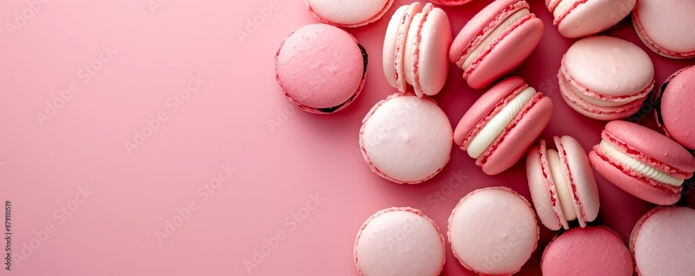 Fototapeta premium Macaron dessert on a plain background with space for text. French cookies. Small sweet with filling. Meringue with cream