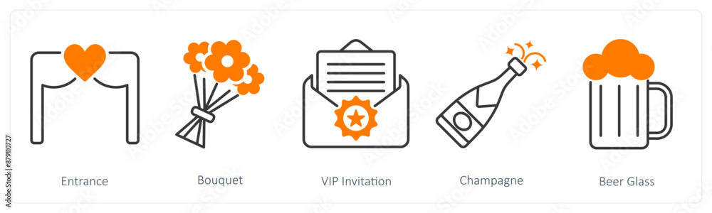 A set of 5 Party and Celebration icons as entrance, bouquet, vip invitation A set of 5 Party and Celebration icons as entrance, bouquet, vip invitation
