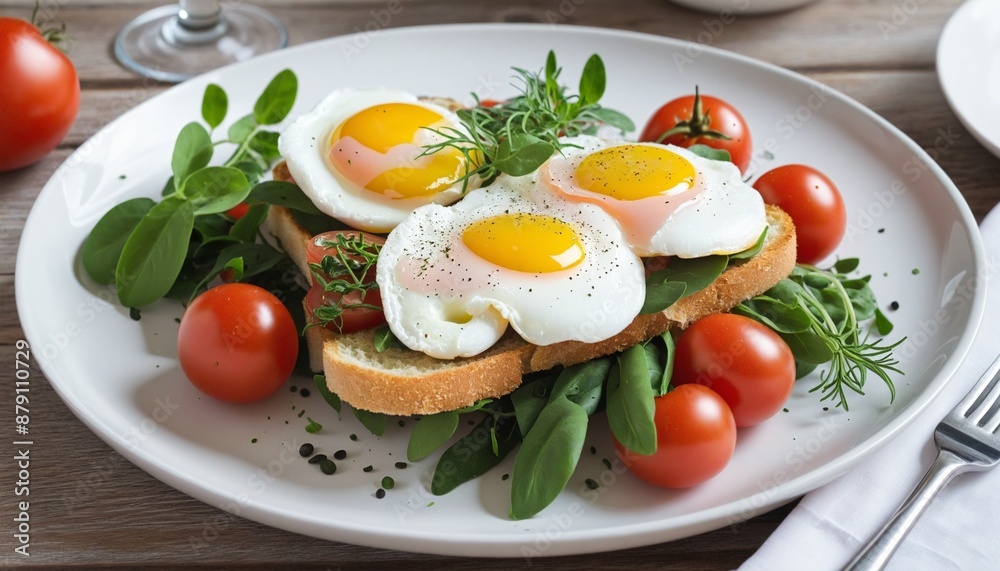 Sandwich with poached eggs, tomatoes and herbs Sandwich with poached eggs, tomatoes and herbs