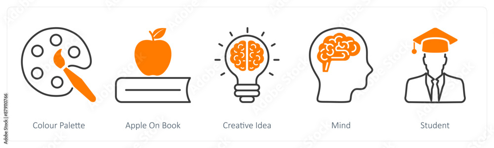 A set of 5 School and Education icons as color palette, apple on book, creative idea A set of 5 School and Education icons as color palette, apple on book, creative idea