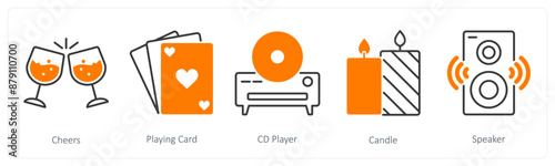 A set of 5 Party and Celebration icons as cheers, playing card, cd player