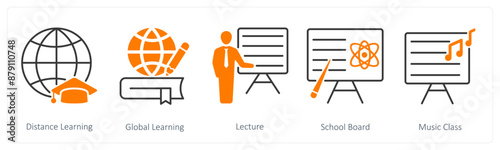 A set of 5 School and Education icons as distance learning, global learning, lecture