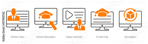 A set of 5 School and Education icons as online class, online education, video tutorials