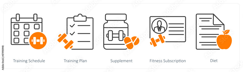 A set of 5 Sports and Fitness icons as training schedule, training plan, supplement A set of 5 Sports and Fitness icons as training schedule, training plan, supplement