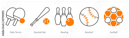 A set of 5 Sports and Fitness icons as table tennis, baseball bat, bowling