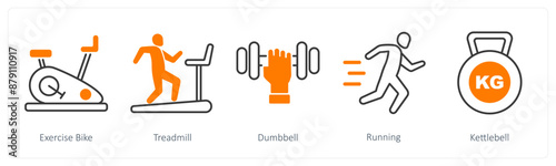 A set of 5 Sports and Fitness icons as exercise bike, treadmill, dumbbell
