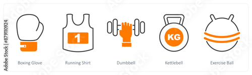 A set of 5 Sports and Fitness icons as boxing glove, running shirt, dumbell