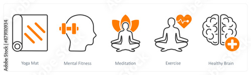 A set of 5 Sports and Fitness icons as yoga mat, mental fitness, meditation