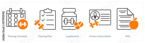 A set of 5 Sports and Fitness icons as training schedule, training plan, supplement