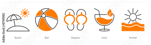 A set of 5 Summer and Travel icons as beach, ball, slippers