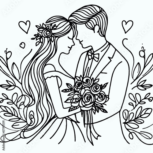 Vector line drawing of the bride and groom on white background