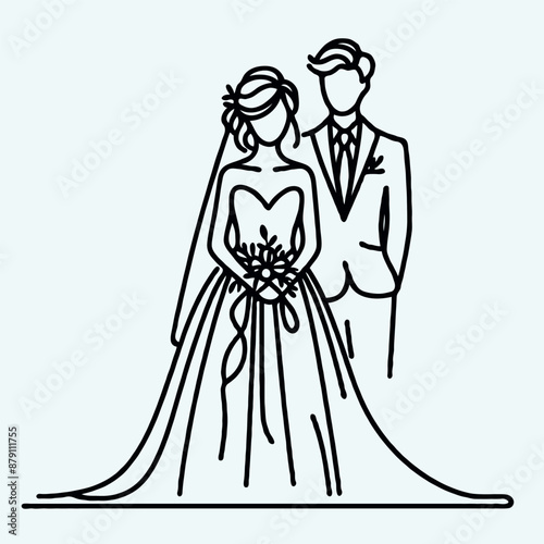Vector line drawing of the bride and groom on white background