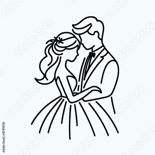 Vector line drawing of the bride and groom on white background
