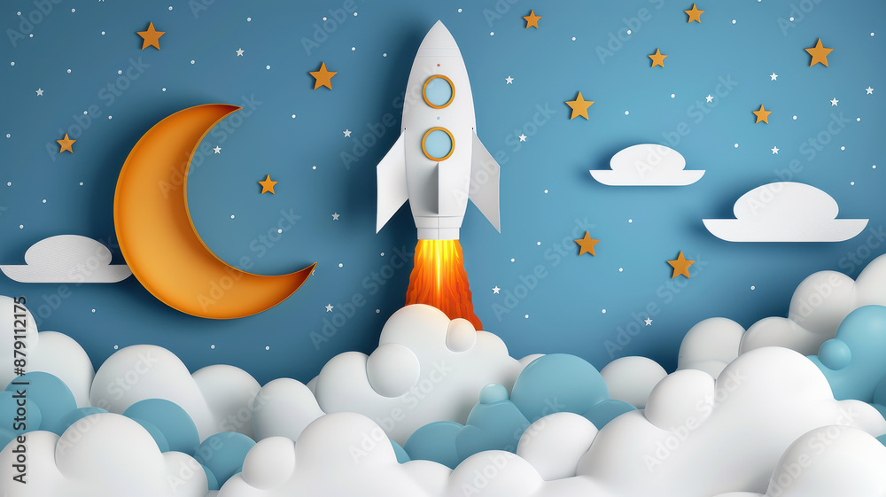 Papercut Style Rocket and Moon Papercut Style Rocket and Moon