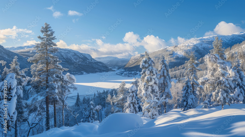 Obraz premium Norway's winter wonderland offers breathtaking views of snow-covered peaks, frozen lakes, and towering pines.