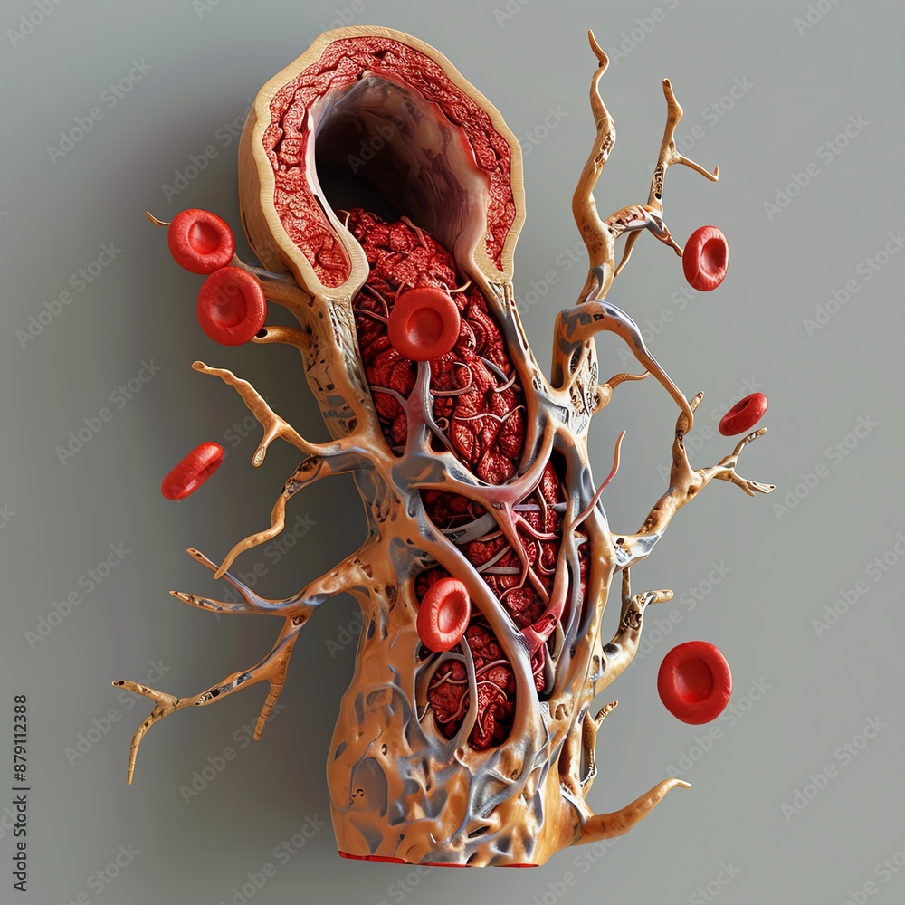 Abstract representation of a blood vessel with red blood cells flowing ...